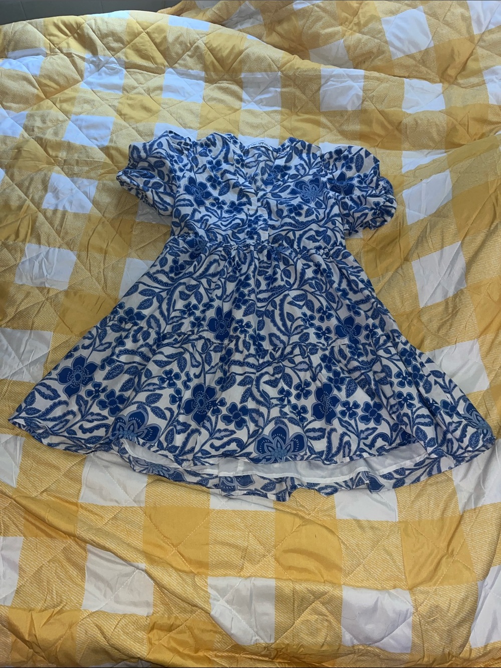 Blue and White Floral Midi Dress with Puff Sleeves